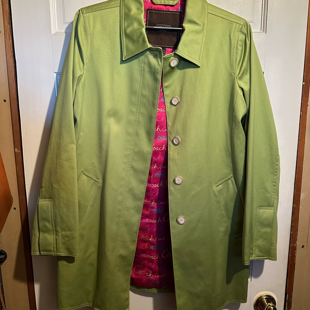 Coach Lime Green Single-Breasted Trench Coat with Pink Logo Lining